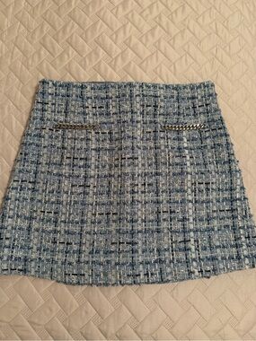 Generation Love Light Blue Tweed Mini Skirt with Chain Trim